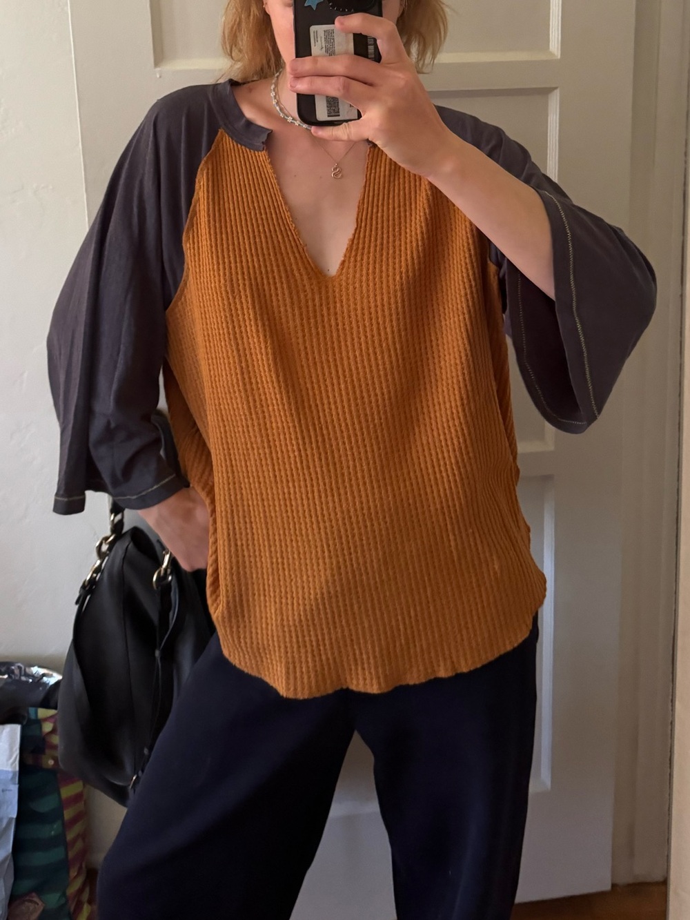 We The Free Mustard Waffle-Knit V-Neck Top with Charcoal Raglan Sleeves
